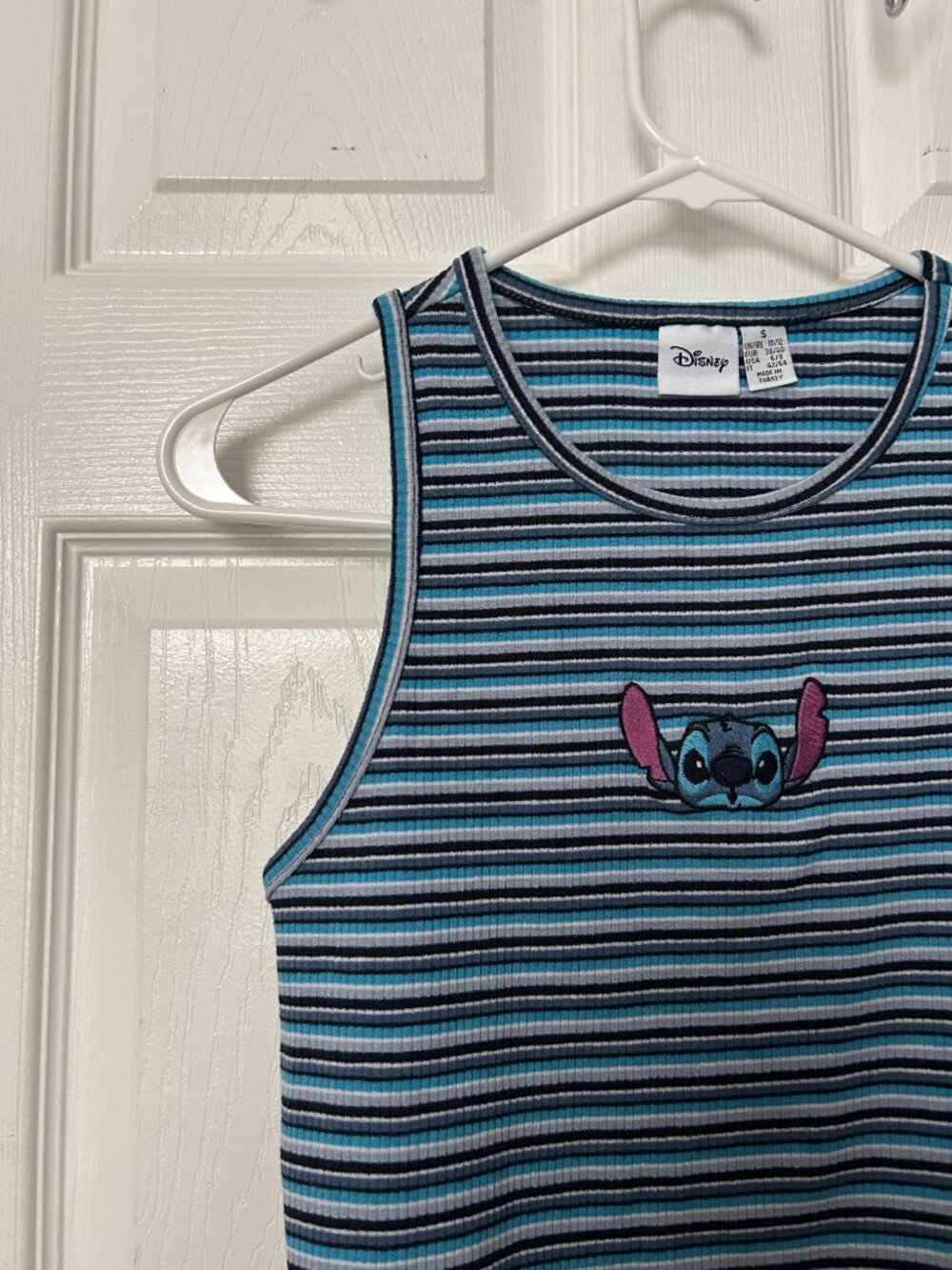 Disney Blue Striped Tank Top Women's Small Embroidered Stitch Ribbed Fabric - Picture 5 of 6